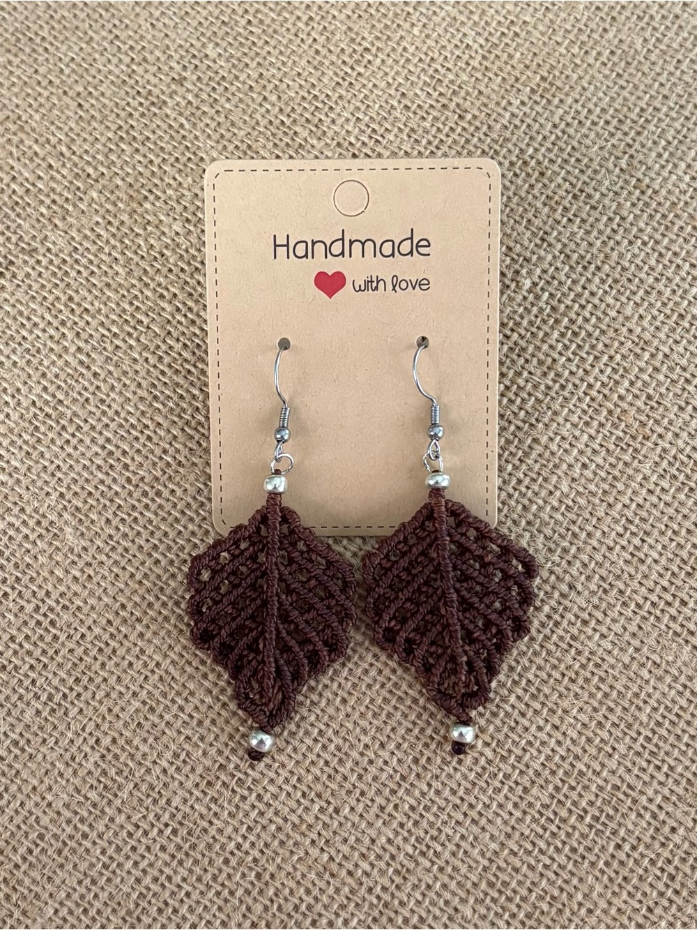 Handmade Brown Macramé Leaf Earrings with Silver Accents